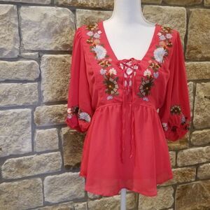 VaVa blouse top embroidered size medium dark coral embroidery by Joy Han VAVA